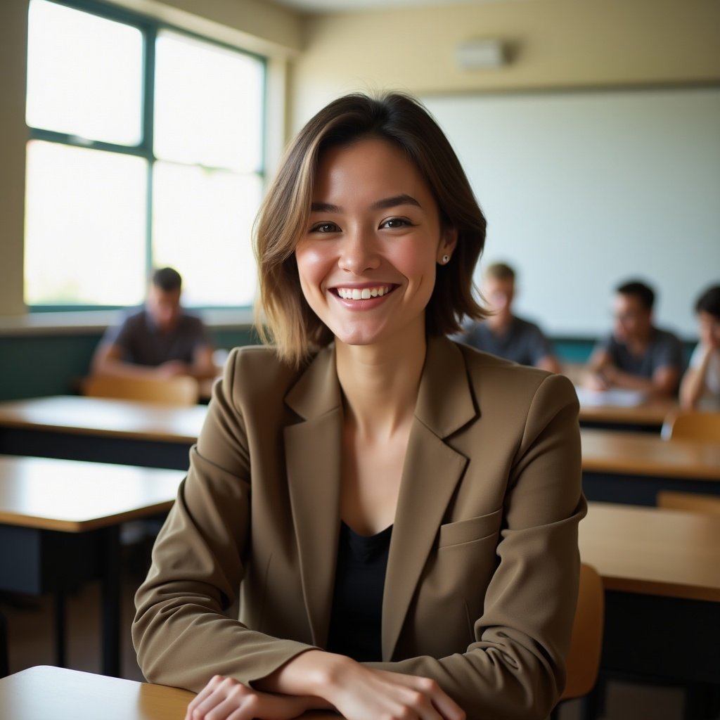 A young woman sits in a classroom with a bright smile, exuding confidence. She has short hair and wears a choker, creating a trendy look. The classroom is filled with wooden tables and large windows that let in plenty of natural light. Her relaxed posture and inviting demeanor create a friendly atmosphere, perfect for learning. In the background, a few classmates can be seen, contributing to the lively environment. This scene captures the essence of modern student life in an educational setting.