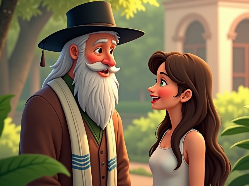 The image depicts two characters in an outdoor setting, surrounded by greenery and architectural elements. The older man has a beard and is wearing traditional attire, including a black hat and a white scarf with blue stripes. He is looking fondly at a younger woman, who has long hair and is wearing a simple white dress. There is a warm and joyful atmosphere as they share a moment together. The background features soft, blurred elements that suggest a peaceful garden or courtyard. Their expressions convey a sense of connection and happiness.