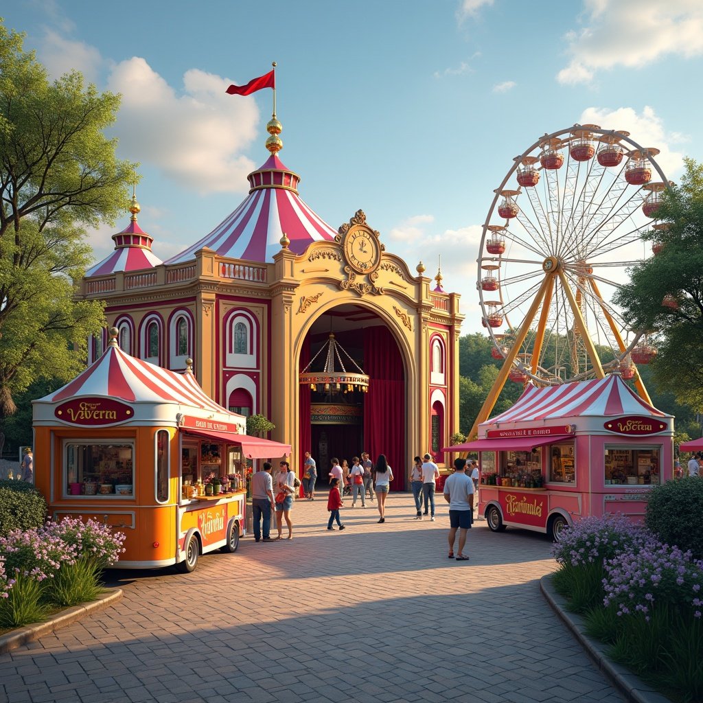 This image depicts a vibrant amusement park with a carnival theme, featuring a stunning ornate theatre at the center. Visitors are enjoying various attractions, including food trucks serving delicious treats and a colorful Ferris wheel in the background. The park hosts entertainment shows in the theatre, while areas for kids and workshops provide interactive fun. The atmosphere is lively and inviting, perfect for families and friends looking to enjoy a day of joy and excitement.