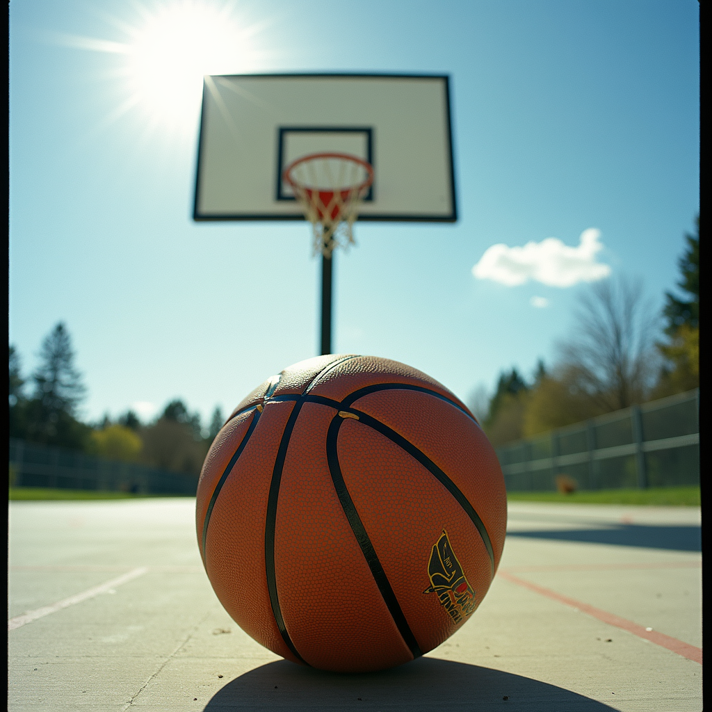 A basketball rests on an outdoor court beneath a bright sun and clear sky.