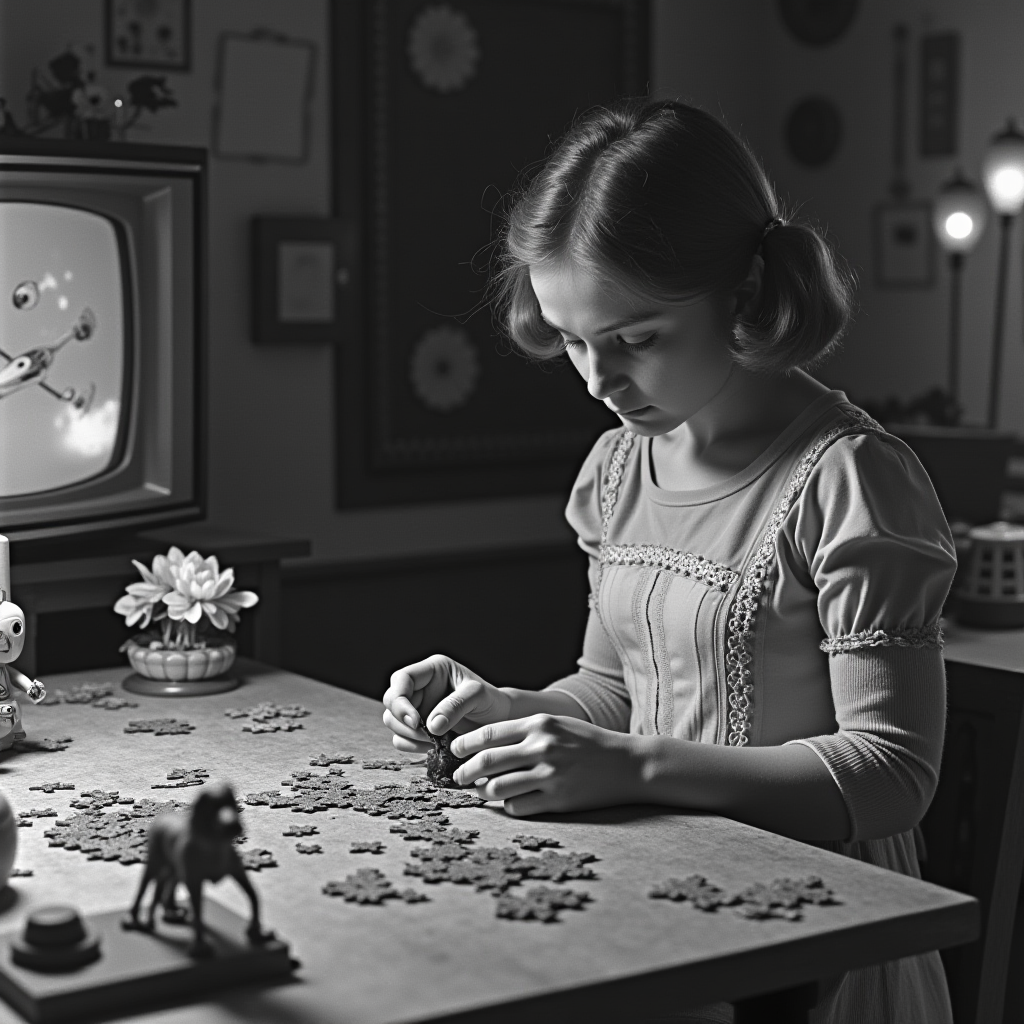 A young girl focusing intently on assembling a puzzle on a table, with retro decor and a television in the background.