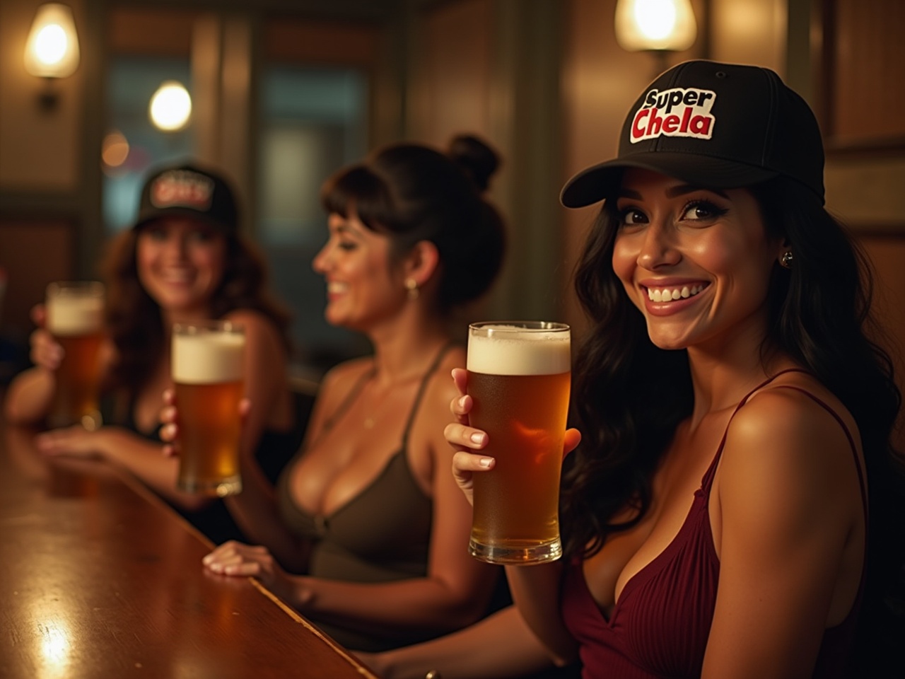 In a cozy, dimly lit bar, a group of beautiful, confident women is enjoying their time together. They are casually dressed and each holds a large glass of beer, displaying smiles that radiate joy. The woman in front wears a stylish cap that says 'Super Chela,' embodying a fun and relaxed vibe. The warm lighting enhances the inviting atmosphere, reflecting a lively and cheerful mood. This moment captures the essence of friendship and enjoyment in a nightlife setting.