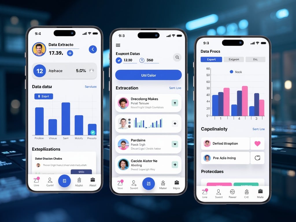 The image showcases a modern mobile application interface focused on data extraction and analytics. There are three separate screens displayed on smartphones, each featuring user-friendly designs. The screens contain various graphs, statistics, and user data representations, emphasizing a clean and accessible layout. The overall color scheme combines blue and white elements, which adds a tech-savvy feel. This design gives an overview of how users can interact with data visually and intuitively.