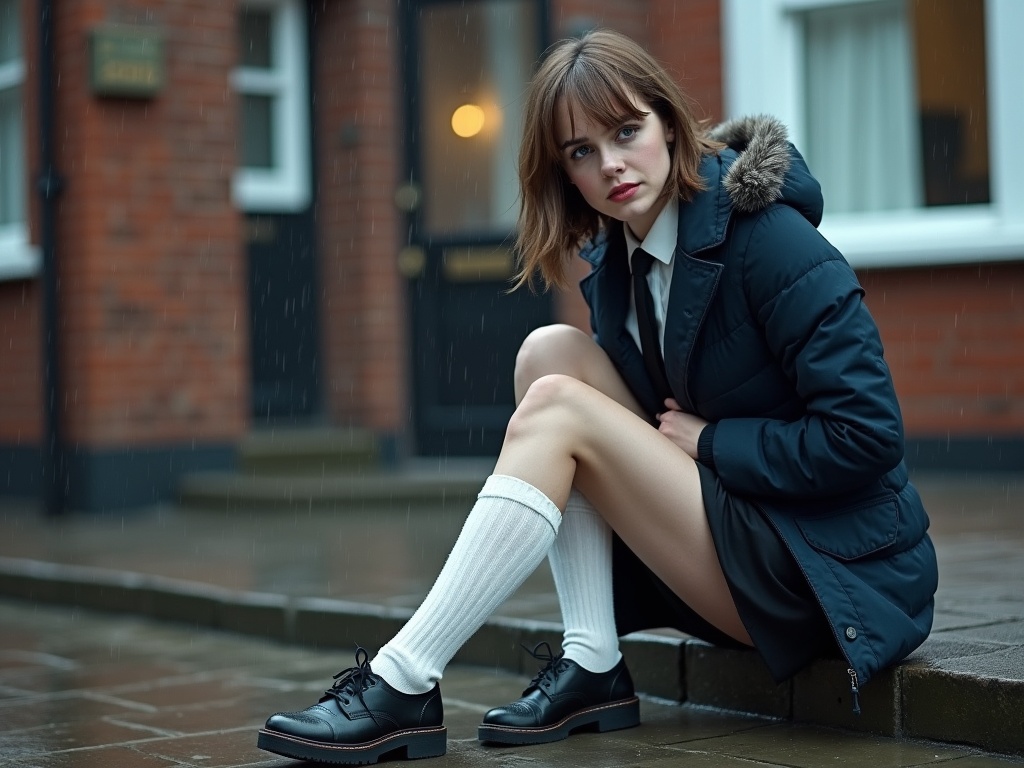 In an urban setting on a dreary rainy day, a young woman sits on the wet pavement outside a brick house. She appears to be waiting, with a sorrowful expression on her face. She wears a dark blue blazer over a white shirt and a black tie, complemented by a short black skirt. Her outfit is completed with knee-length white socks and black lace-up shoes. The rain creates a moody atmosphere, accentuated by her pale skin and brown hair with bangs. The scene captures a moment of patience as she bends down to adjust her clothing, evoking a sense of contemplation and style.