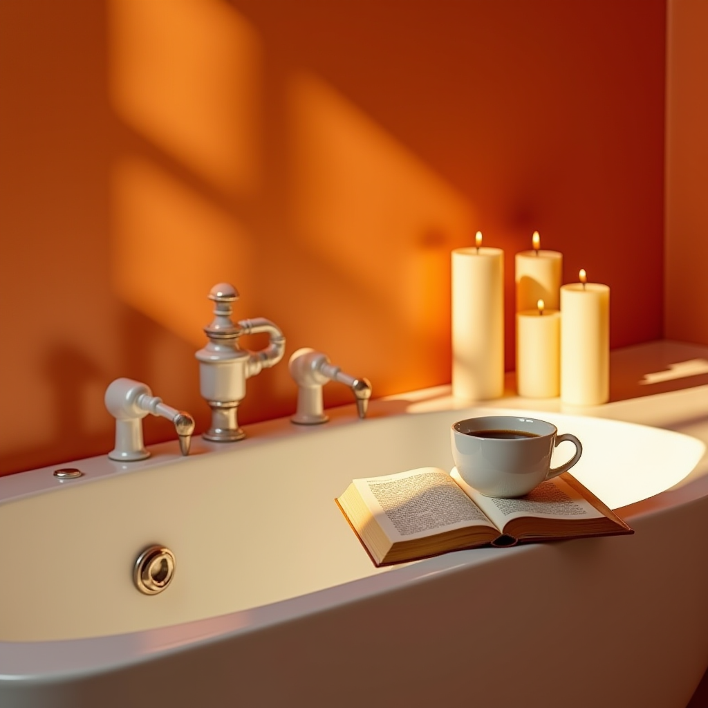 A cozy bathroom scene with a bathtub, candles, and a book next to a warm cup of coffee.