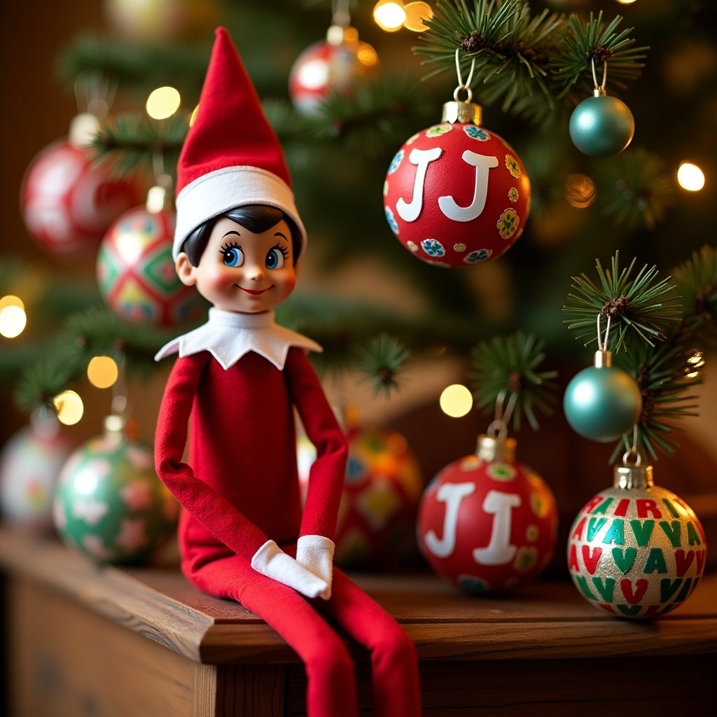 An Elf on the Shelf doll is sitting cheerfully next to a beautifully decorated Christmas tree. The tree is adorned with colorful ornaments, some of which prominently display the letters 'JJ'. The setting evokes a warm and cozy holiday atmosphere, enhanced by soft, glowing lights. The elf’s joyful expression adds a playful touch to the festive scene. Overall, the image embodies the spirit of Christmas, inviting feelings of joy and nostalgia for holiday traditions.