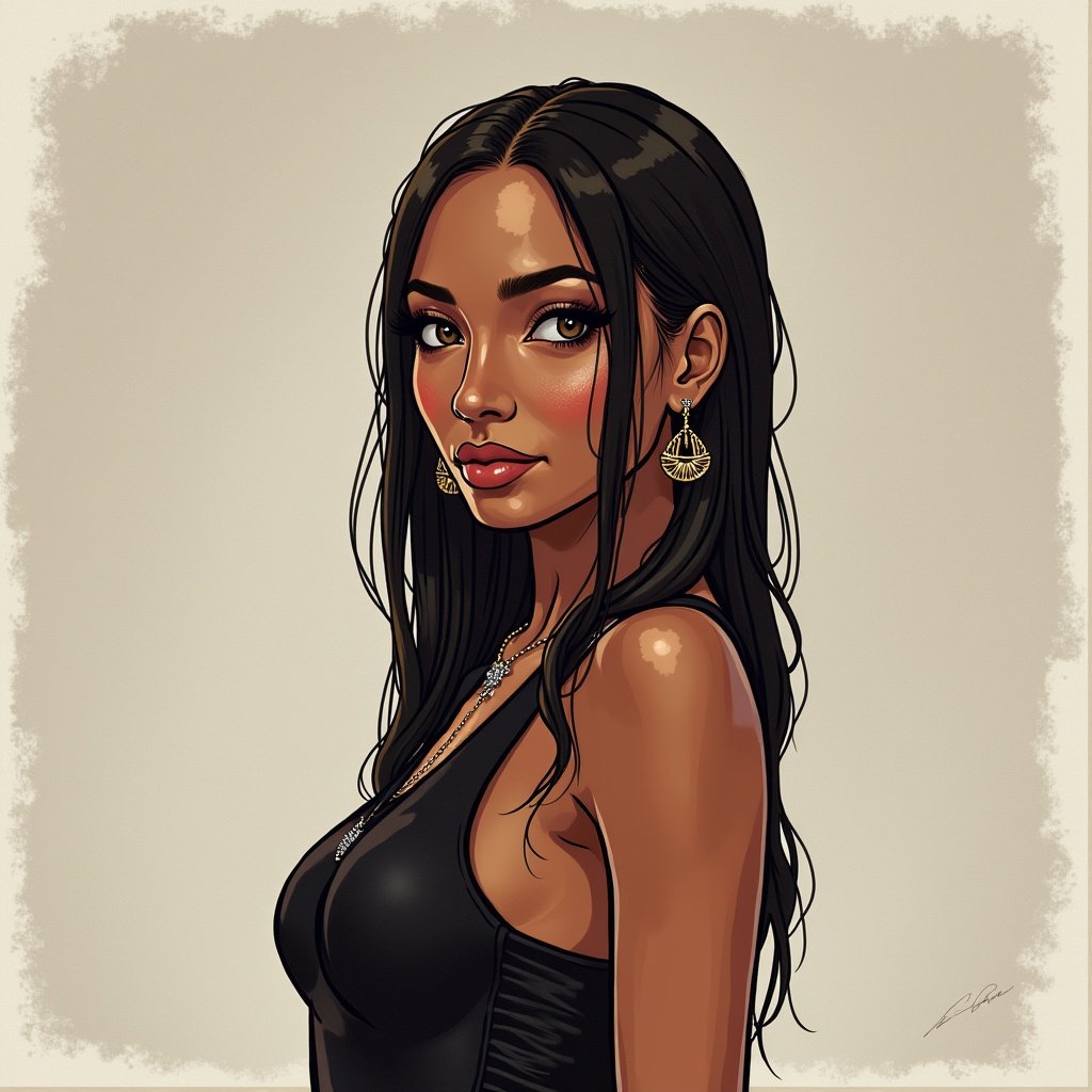 The image features an elegant woman named Olivia Faye illustrated in a stylish way. She has long, lustrous hair and is wearing a black top. Additionally, she is adorned with decorative gold earrings that enhance her beauty. The warm lighting complements her glowing skin. This portrayal captures both her sophistication and charm.