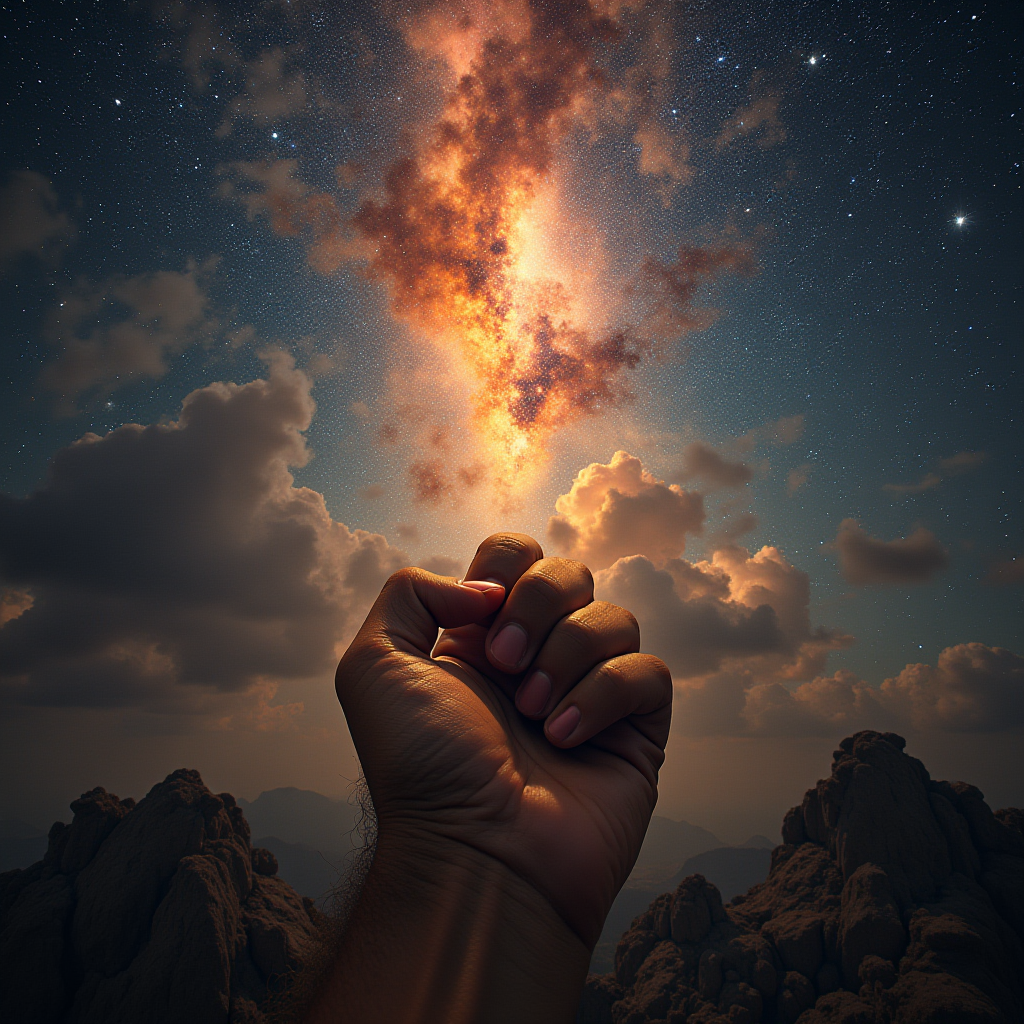 A hand reaches towards a dramatic, fiery galaxy in the night sky over rugged mountains.