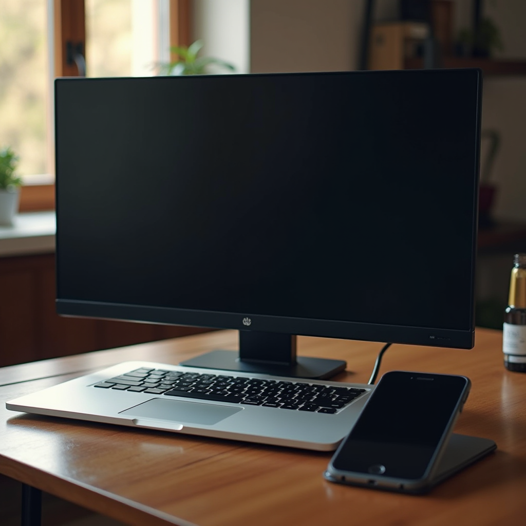 A sleek workspace with a laptop, smartphone, and monitor on a wooden desk.