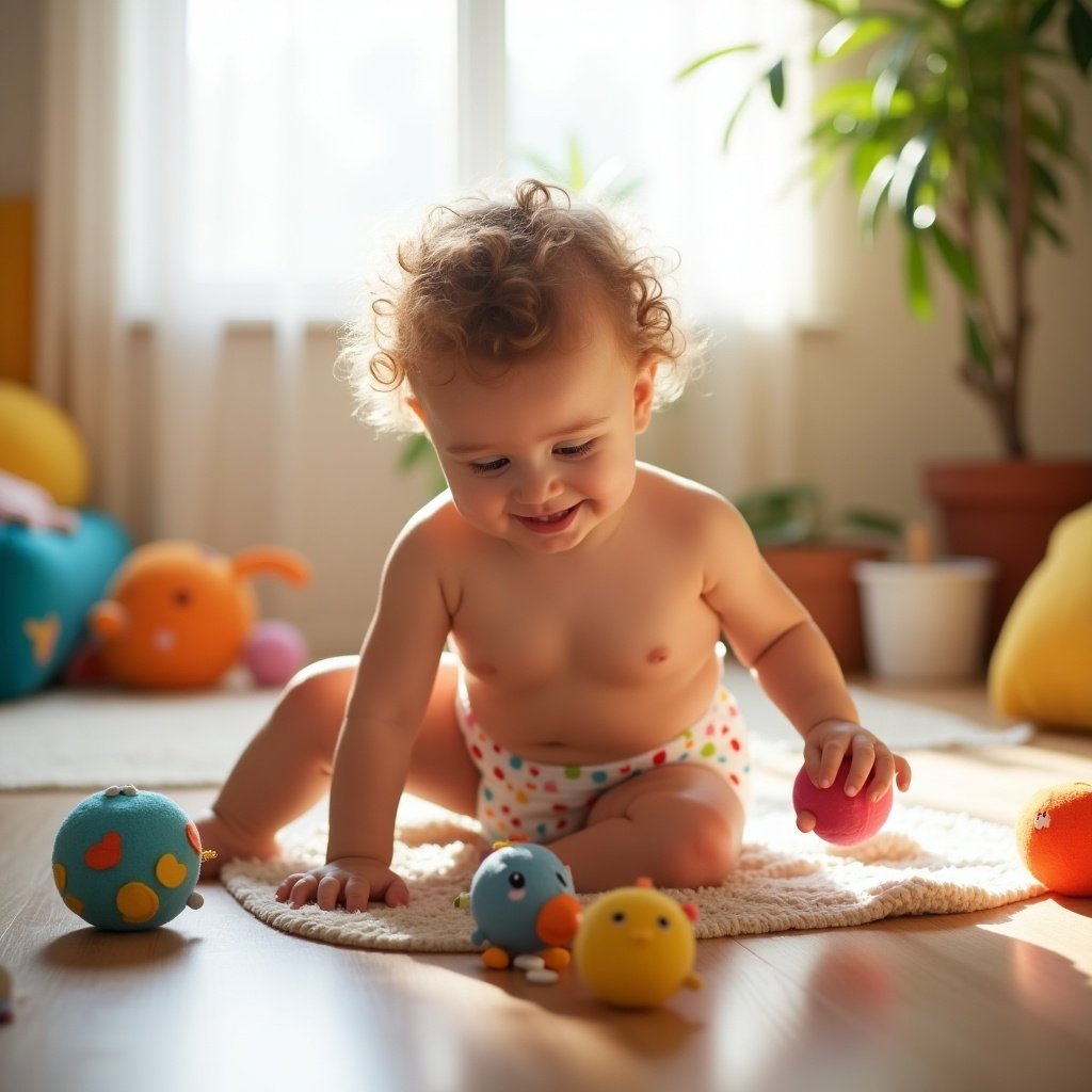 A cute toddler girl is playing on the floor in a bright room filled with colorful toys. She is wearing a diaper decorated with fun patterns and has soft, curly hair. The room has a warm, inviting atmosphere, enhanced by natural light streaming through the window. Plush toys are scattered around her, creating a playful environment. The focus is on her expression of curiosity and joy while interacting with her toys.