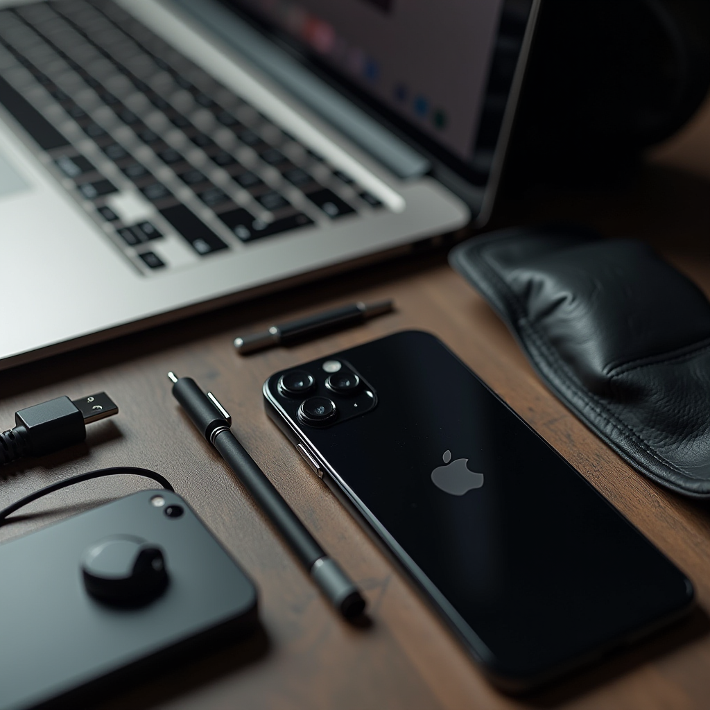 A composition of modern tech gadgets on a wooden desk, including a smartphone, laptop, stylus, and digital accessories.