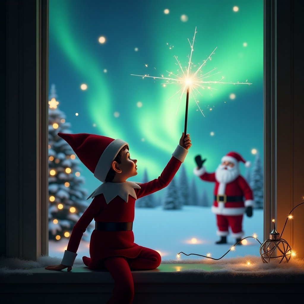 An enchanting scene featuring an Elf on the Shelf with his back turned, sitting on a window ledge and gazing up at the sky. He is holding a wand, creating sparkling letters that spell 'Harlow' in the magical night air. Outside the window, a wondrous winter scene unfolds with vibrant northern lights creating a colorful backdrop. In the distance, Santa Claus can be seen waving cheerfully. The setting is adorned with a beautifully decorated Christmas tree, enhancing the festive atmosphere. The overall image radiates holiday cheer and magic, perfect for capturing the spirit of Christmas.