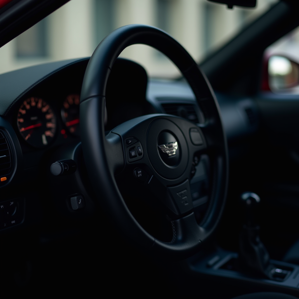 A sleek, modern car interior showcasing a detailed view of the steering wheel and dashboard controls, illuminated by ambient lighting with gauges subtly lit in the background.