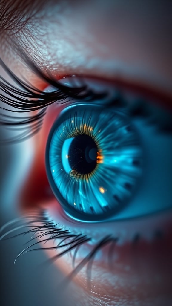 A close-up of a vibrant, detailed blue eye with long eyelashes, capturing reflections and intricate patterns.