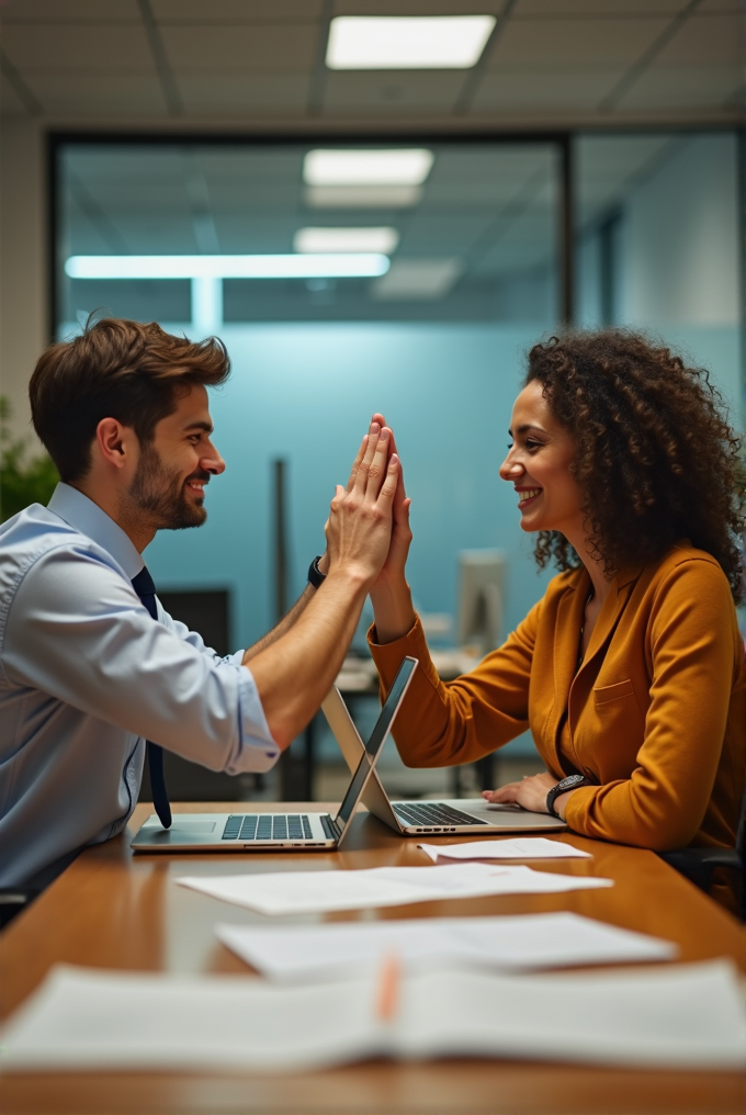 Two colleagues happily high-fiving in a modern office setting, with laptops and documents on the table.