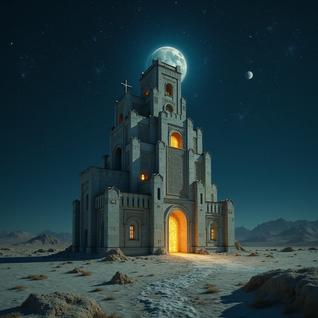 This image depicts a surreal place where one can find peace of mind: the building of Zero Rest. Due to its mystical nature, the exact dimensions of the Zero Rest are variable, allowing the building to seem located in an alien landscape. It looks bright in the dark of the night sky, full of stars and multiple moons. Outside the building resembles an unknown cult church, featuring some ancient inscriptions. The architecture creates a labyrinthine distortion of time and space. The overall atmosphere evokes a sense of wonder and trepidation, suggesting themes of spiritual, mind evolution, and encounters with the unknown. This artwork blends elements of fantasy and science fiction.