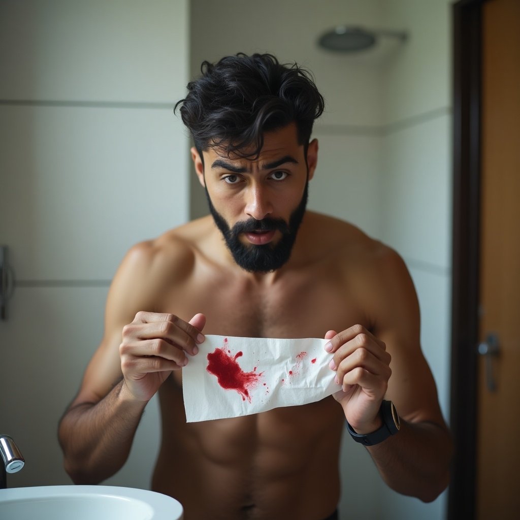 A striking image of a modern Indian man stands in a contemporary bathroom. He looks shocked and concerned while holding tissue paper with blood clots. His expression reflects a mix of worry and discomfort, emphasizing his emotional state. The setting features soft, natural lighting, enhancing the tension of the moment. The man’s posture is tense, with clenched hands focusing viewers on the issue at hand.