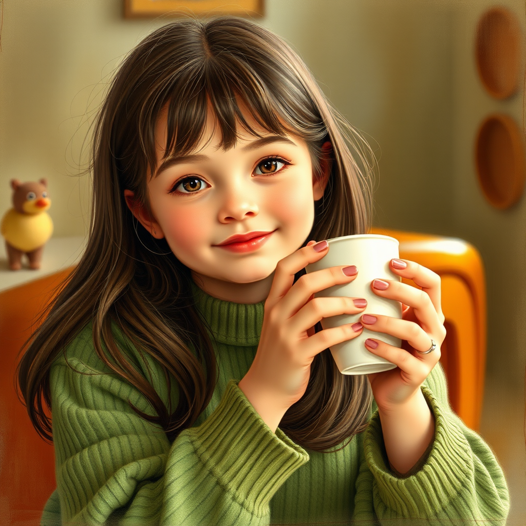 A young girl in a green sweater enjoys a warm drink.