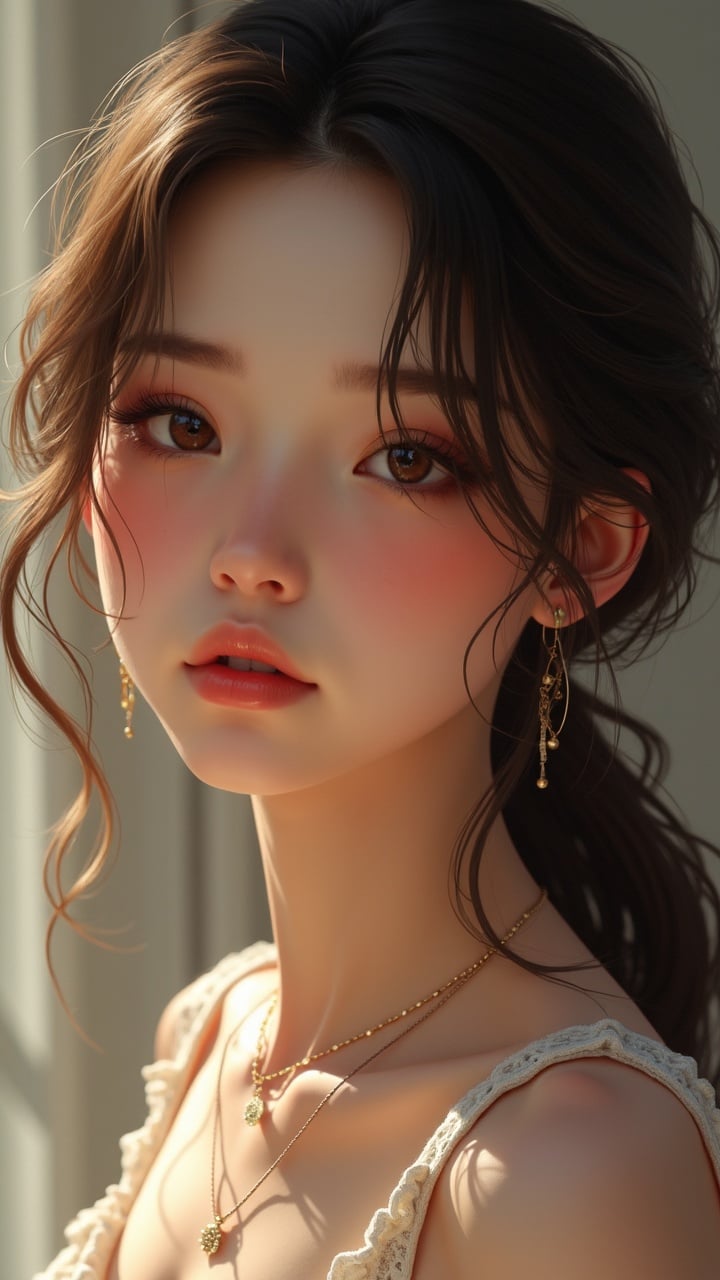 This digital artwork portrays a young woman with delicate features, gazing softly into the distance. Her eyes are expressive and framed by gentle waves of brown hair, while her cheeks have a natural blush. The image uses soft, warm lighting that casts subtle shadows, enhancing the serene and enchanting aura of the subject. The woman's accessories, including elegant earrings and necklaces, add a touch of sophistication to the composition.