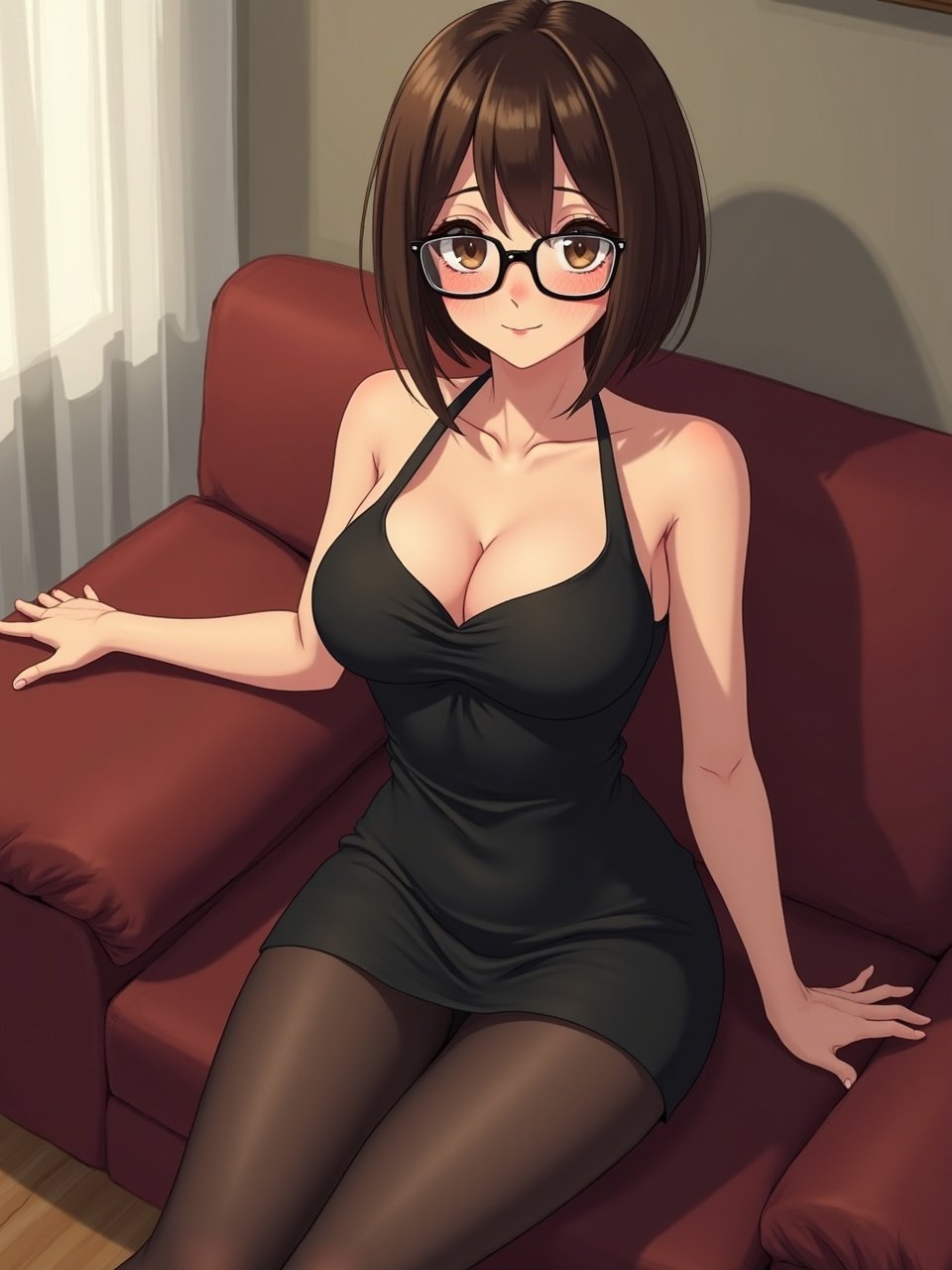 This digital art piece features a stylized woman with short hair and glasses, seated elegantly on a beige sofa. She is wearing a fitted dark dress and black tights, conveying a sense of sophistication. The background shows a softly focused living room with a framed artwork, adding a touch of lifestyle ambiance to the scene.