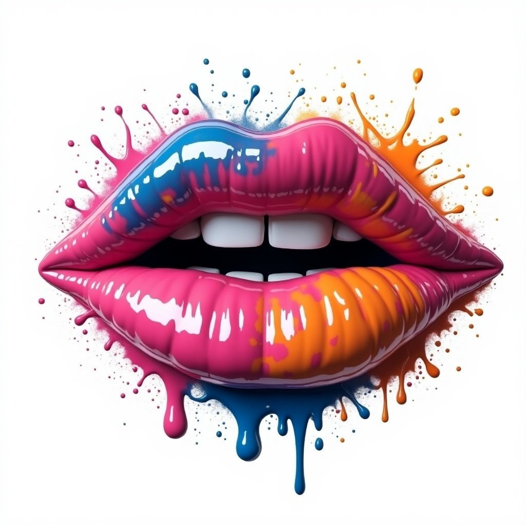 This image features a pair of oversized, glossy lips painted in vibrant colors including pink, blue, and orange. The lips are accentuated with splashes of paint surrounding them, creating a dynamic artistic effect. The background is plain white, making the colors of the lips stand out even more. This artistic piece combines elements of beauty and modern art. The contrast between the glossy lips and the splattered paint adds an exciting visual appeal.