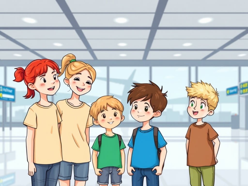 A group of smiling cartoon children standing together in an airport setting.