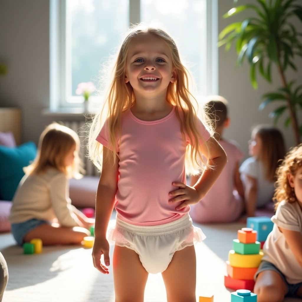 This image features a seven-year-old girl with long blonde hair wearing a fitted pink t-shirt and a white diaper, posing confidently with one hand on her hip. The soft gray background highlights her youthful innocence and the inviting atmosphere of the room. The lighting is gentle and warm, enhancing the playful mood. She is surrounded by colorful toys, playing in a space that captures the essence of early childhood fun. The scene emphasizes comfort and playfulness, typical of a joyful moment in a child's life.