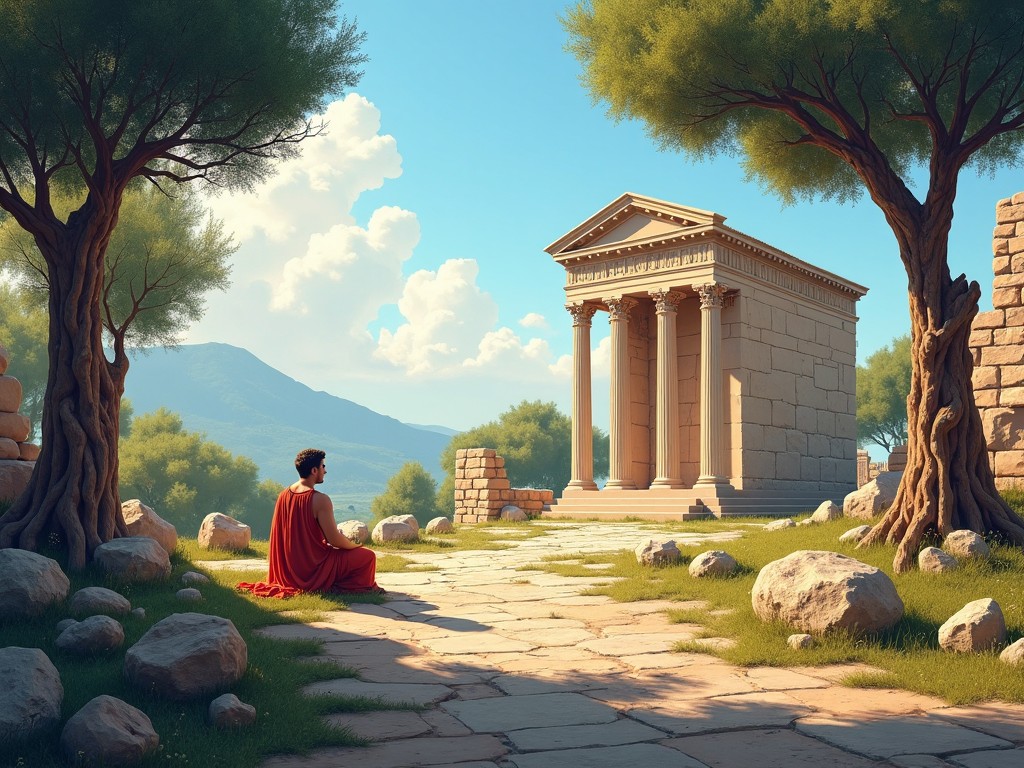 The image depicts a serene landscape featuring an ancient Greek temple surrounded by verdant trees and rocks. A philosopher, dressed in a traditional crimson robe, sits peacefully in the foreground, deep in contemplation. The bright blue sky is dotted with fluffy white clouds, casting soft shadows on the ground. This idyllic setting emphasizes harmony between nature and human thought. The scene invites viewers to reflect on the tranquility and beauty of ancient wisdom.