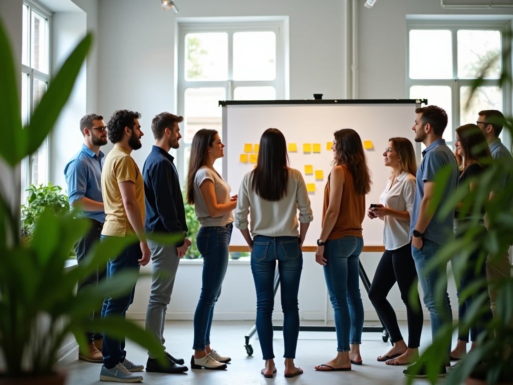 The image shows a group of nine people standing together in a bright room. There are several large green plants around them, adding a touch of nature to the office environment. On the wall behind them are sticky notes that might indicate brainstorming or planning sessions. The people are casually dressed, suggesting a relaxed workplace atmosphere. This setting is likely a modern workspace or meeting area.