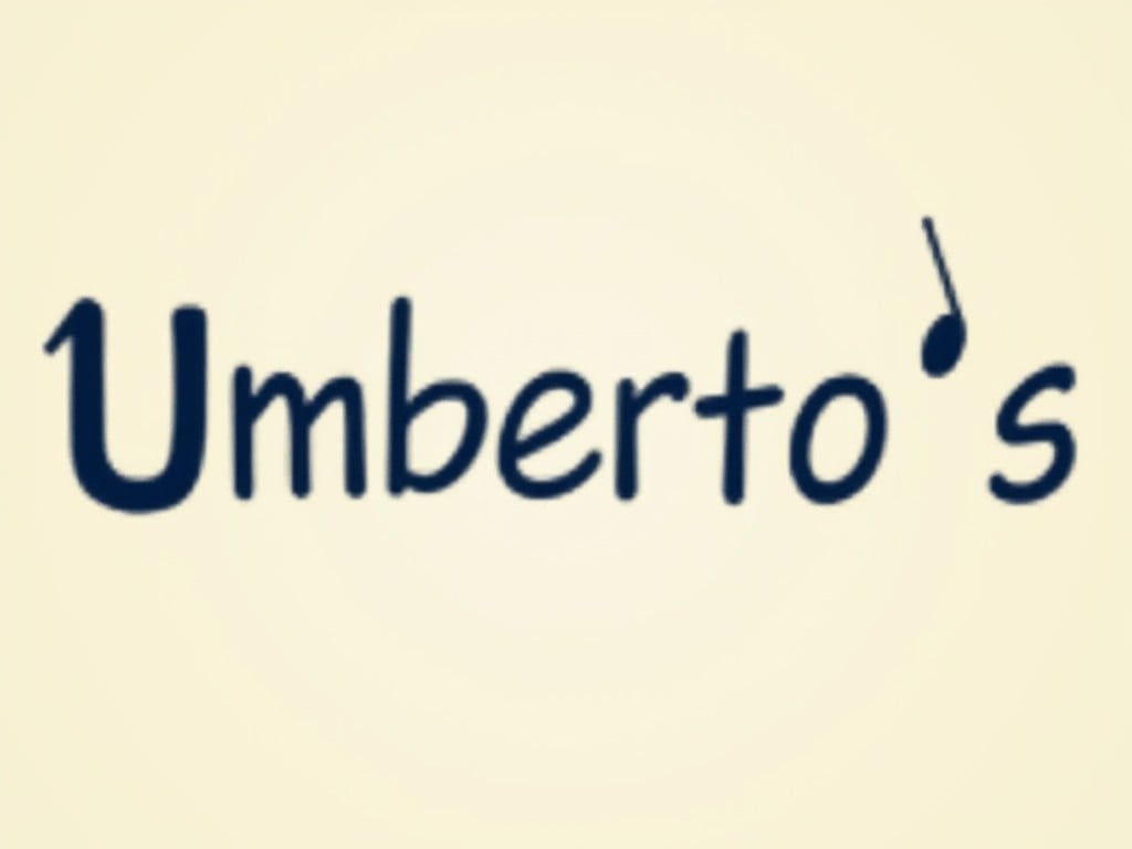 This is an image of the word 'Umberto's' with a musical note. The text is colored in navy blue against a light yellow background. The design suggests a restaurant or cafe theme. The inclusion of the musical note implies a vibrant and lively atmosphere. The style is simple and elegant, suitable for branding and signage in the food industry. This image can be used for menus, logos, or promotional materials.