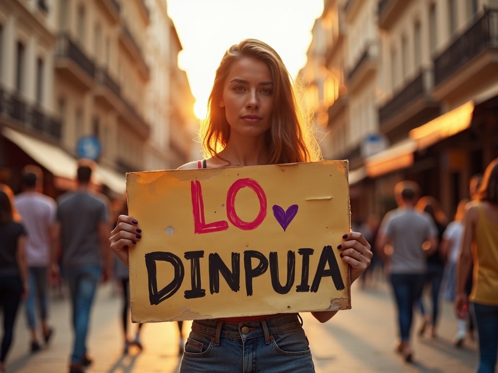 A determined woman stands in the foreground, gripping a vibrant, handmade sign that boldly reads 'LO×DinpuiA.' The background features a bustling urban street, bathed in warm, golden sunset light. Her expression shows intensity and resolve. People walk by in the background, creating a lively atmosphere. The sunlight adds a warm glow to the scene, enhancing the colors of her sign. The setting is urban and full of life, emphasizing the importance of her message.