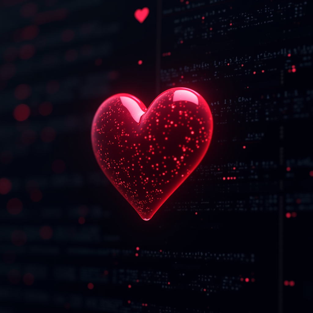 A glowing red heart is surrounded by digital code, symbolizing a blend of emotion and technology.