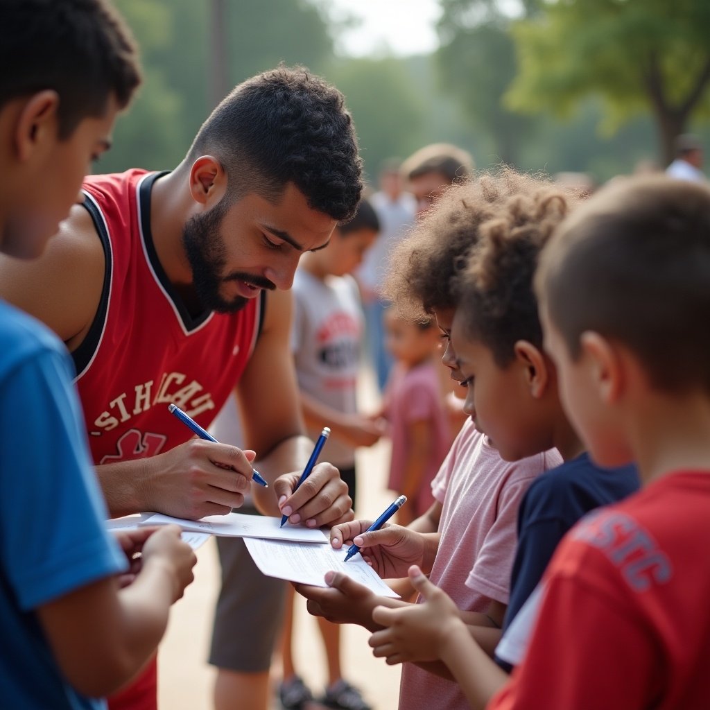 This heartwarming image captures a basketball player engaged in signing autographs for a group of eager children. The scene radiates joy and excitement, highlighting the connection between sports figures and their young fans. The setting is outdoors, suggesting a community event where the player is giving back. The expressions of the children reflect admiration and enthusiasm. It's a perfect representation of mentorship and inspiration in sports.