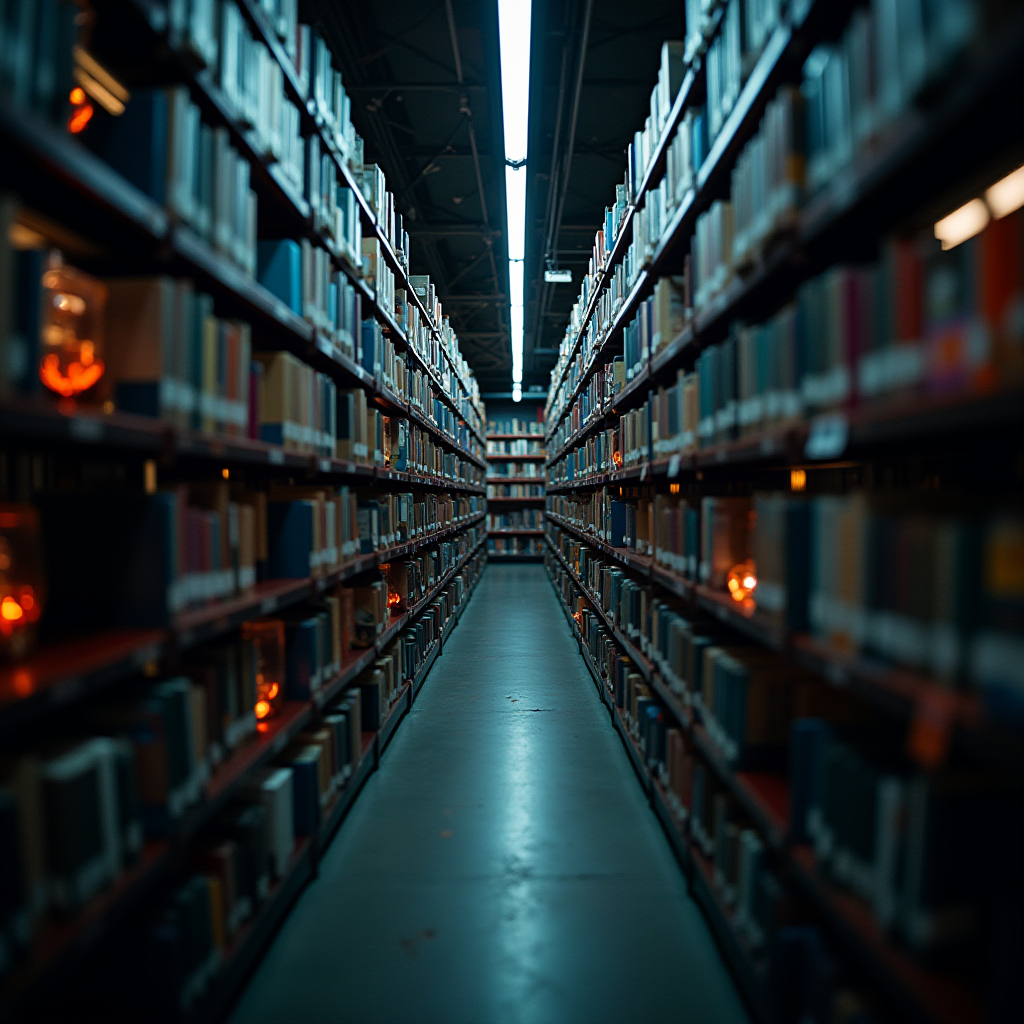 A dimly lit library aisle with shelves full of books and small glowing lights.