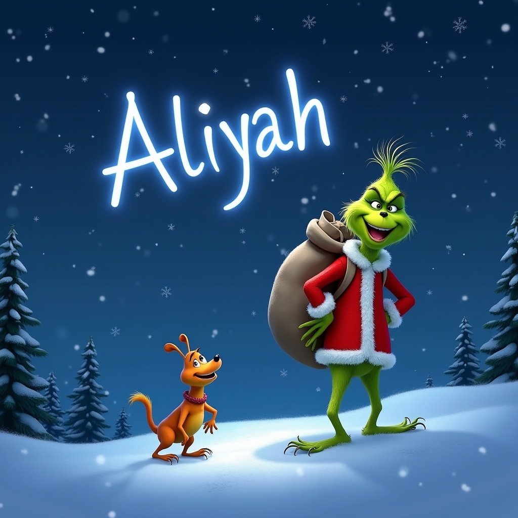 A Pixar-themed version of the Grinch stands in a snowy landscape, happily writing the name 'Aaliyah' in a magical light illuminating the night sky. Dressed in a traditional red suit with white trim, he carries a large sack over his shoulder. His loyal companion Max stands beside him, also smiling and contributing to the cheerful scene. The backdrop features a starry night sky filled with twinkling stars. Gently falling snowflakes enhance the festive feel of the image. Pine trees dot the distance, creating a perfect winter wonderland backdrop for this joyful moment.