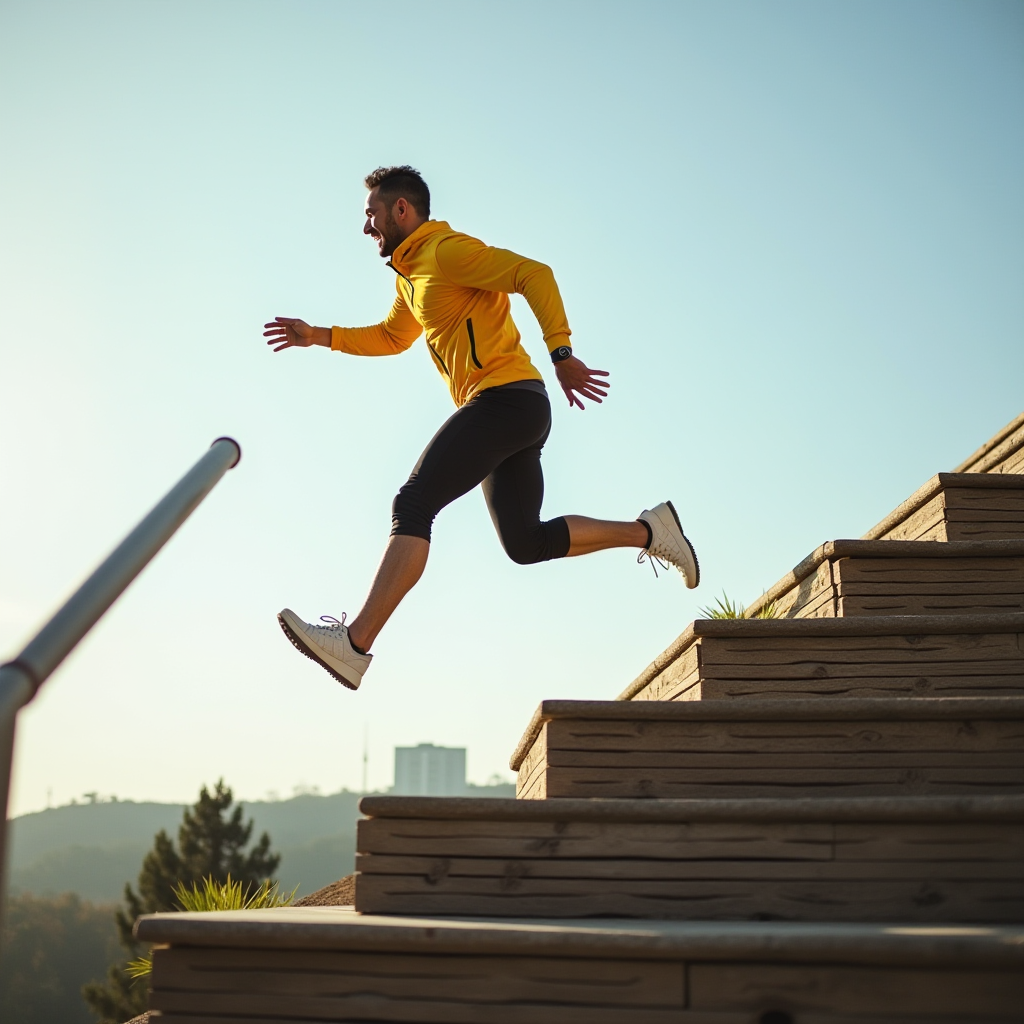 A person in a yellow jacket energetically jumps up a set of wooden stairs.