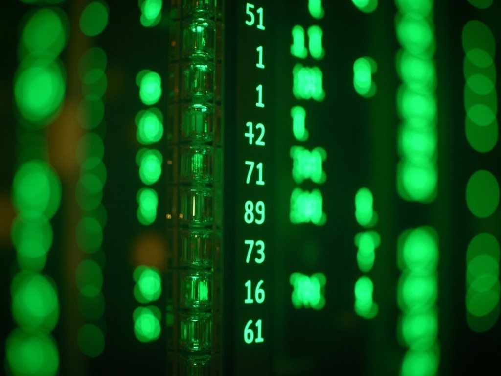 This image depicts a close-up view of glowing green numbers arranged in vertical columns. The glowing effect creates a digital ambiance, reminiscent of a cyberpunk aesthetic. The numbers are displayed in a mesmerizing pattern, drawing the viewer's attention. The overall atmosphere is dominated by shades of green, contrasting with the dark background. This piece is ideal for those looking to evoke themes of technology and futurism.