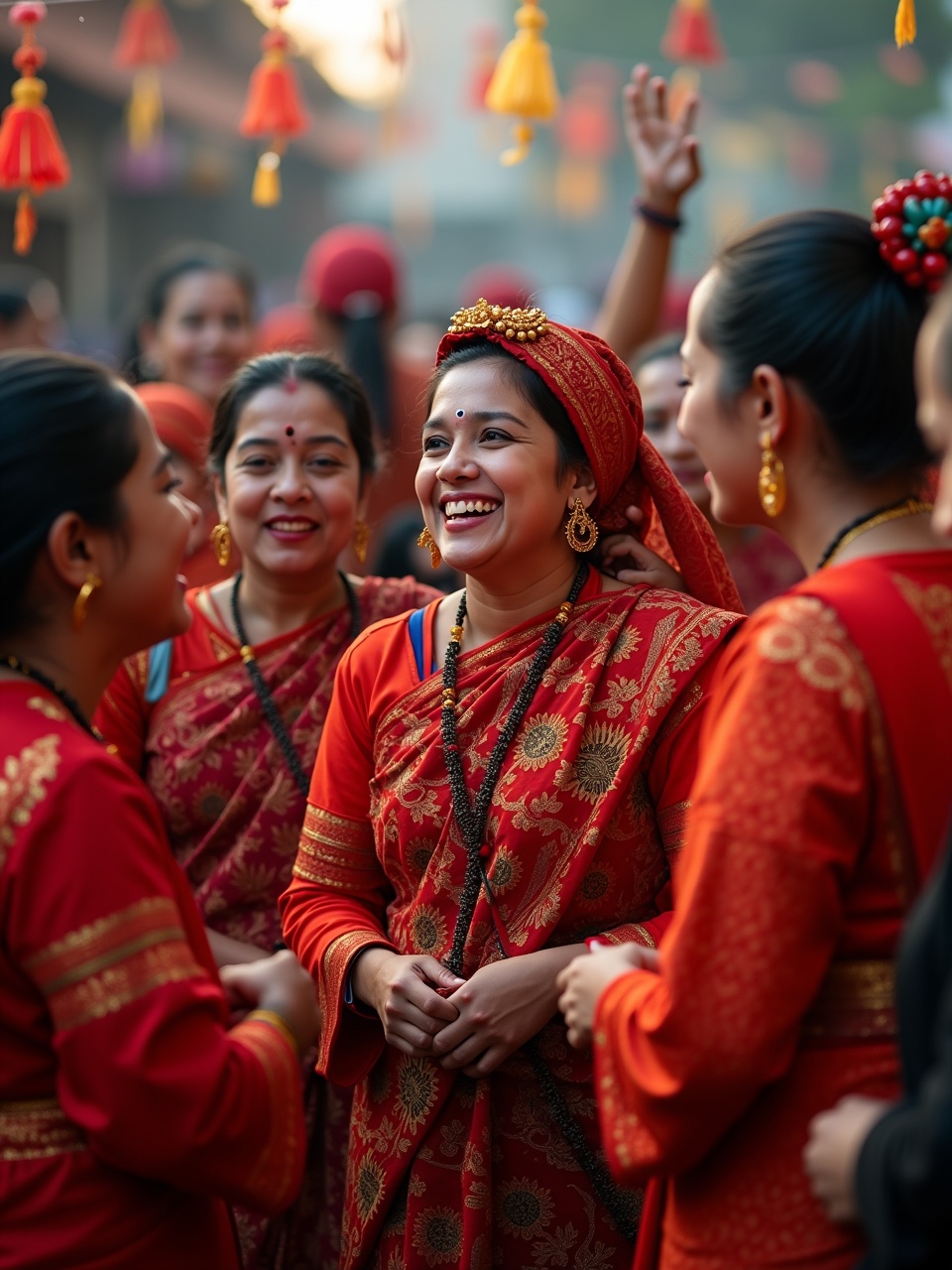 A group of women in traditional attire, laughing and celebrating outdoors with colorful decorations in the background.