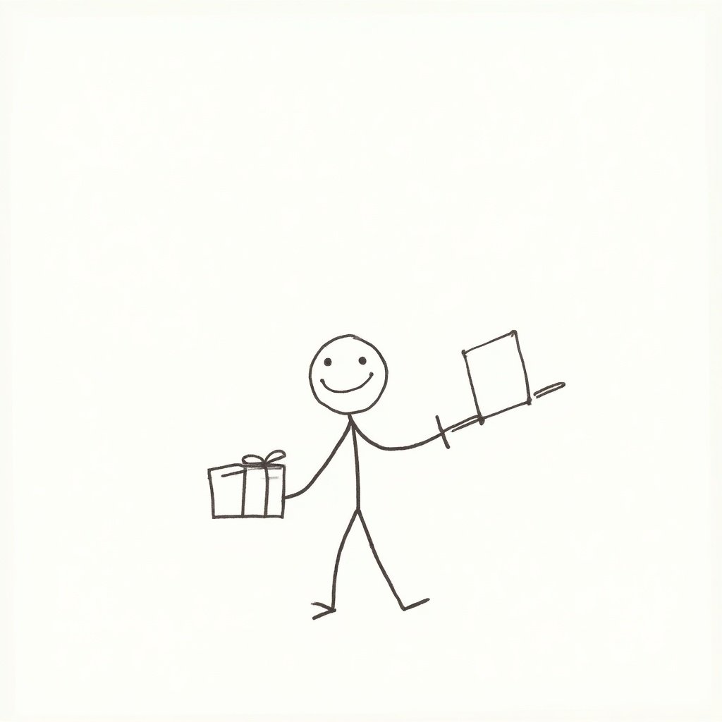 This image is a simple doodle of a stick figure holding a present in one hand and a bat in the other. The figure has a round head with a smiling face, conveying a positive and cheerful expression. Its simplistic design emphasizes the message of motivation and dedication. The use of basic lines creates a playful yet determined character. This illustration could be used in various contexts, especially to evoke feelings of joy and commitment.