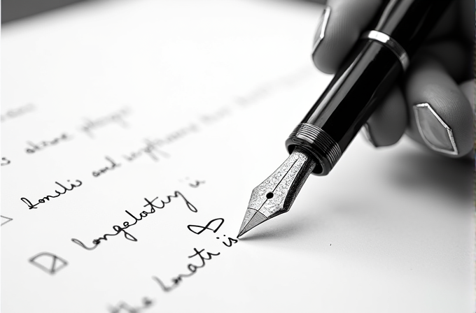 A close-up of a fountain pen writing on a sheet of paper.