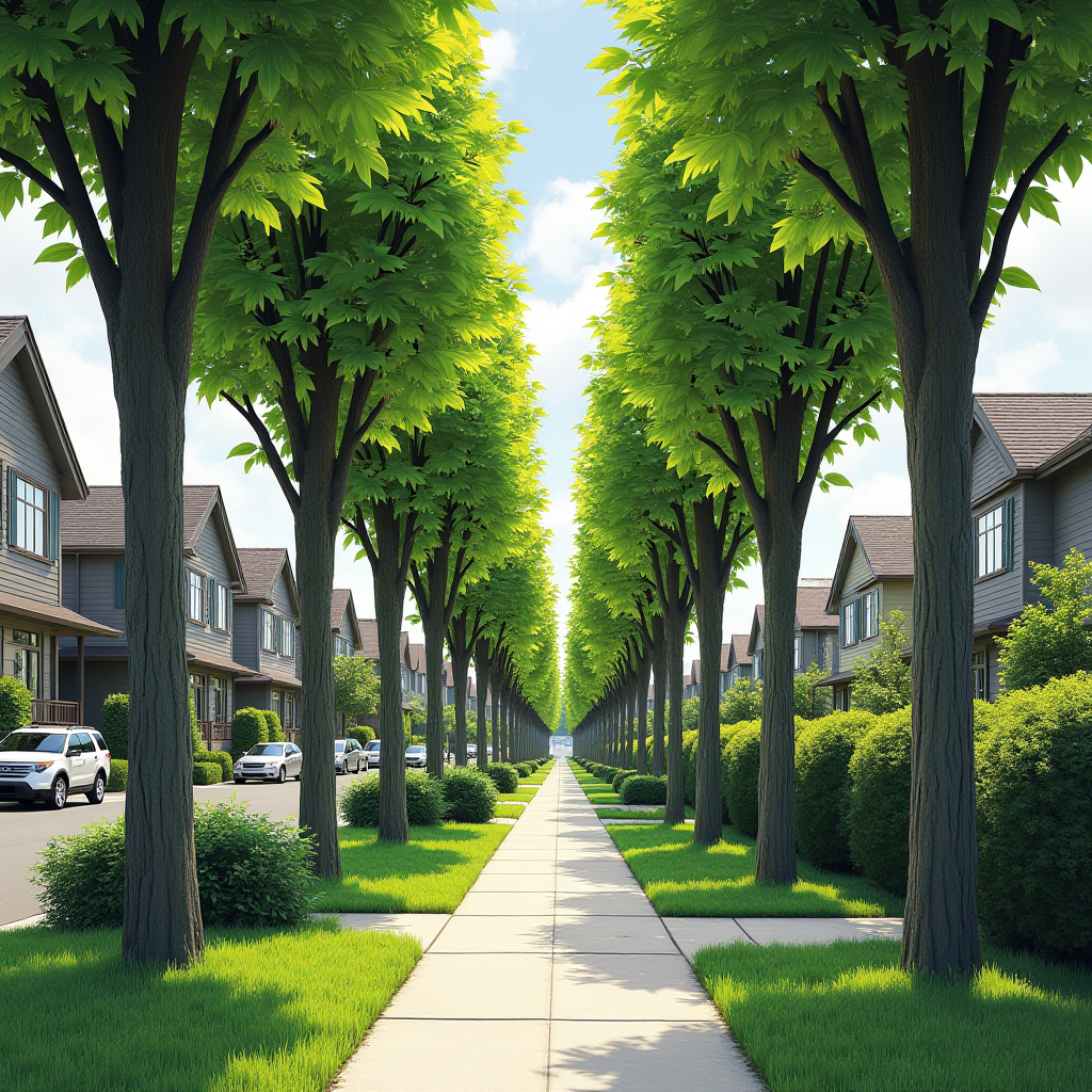 A picturesque street lined with lush green trees and charming houses under a clear blue sky.