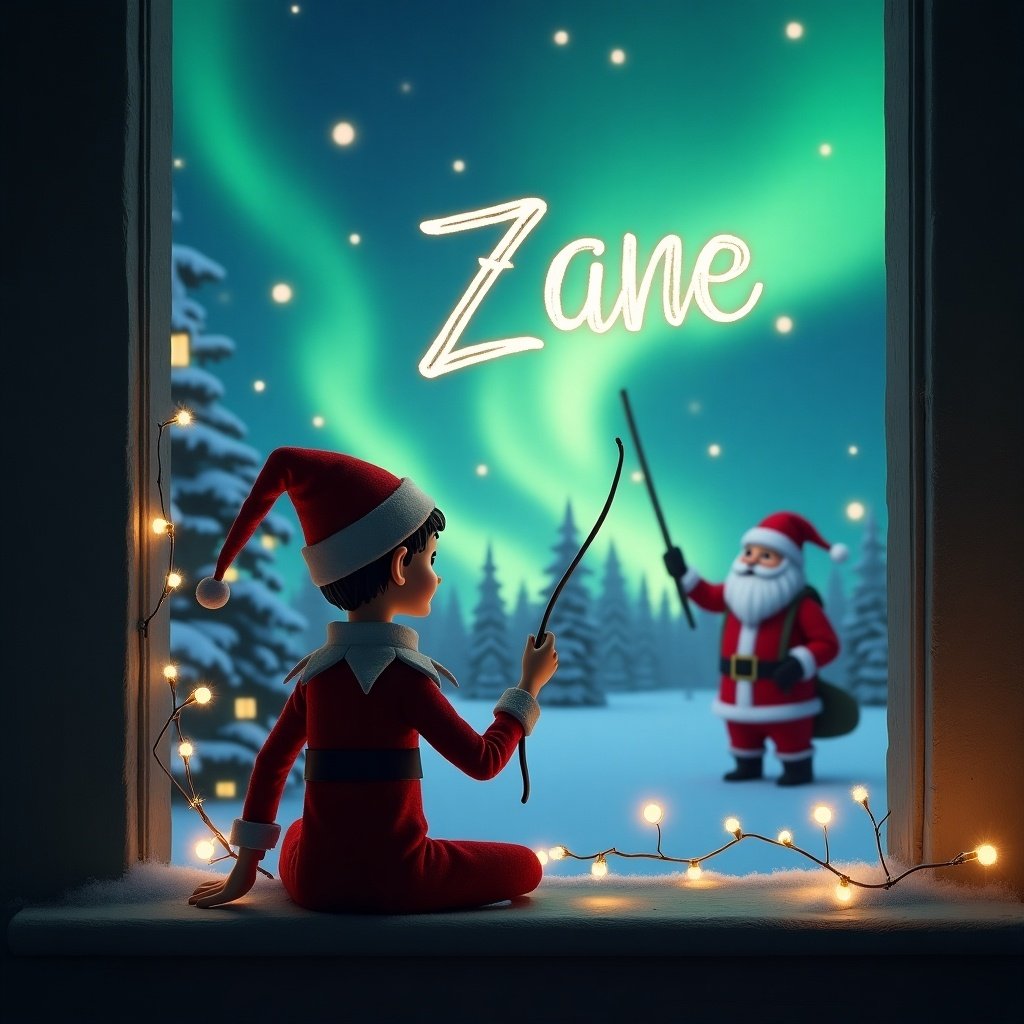 An enchanting scene featuring an elf on the shelf sitting with his back turned, gazing out the window. He is using a wand to write the name 'Zane' in the night sky filled with shimmering northern lights. In the background, Santa Claus can be seen in the snowy landscape, bringing a sense of holiday magic. The room is decorated with twinkling fairy lights, adding to the festive atmosphere. This joyful image captures the spirit of Christmas and childhood wonder.