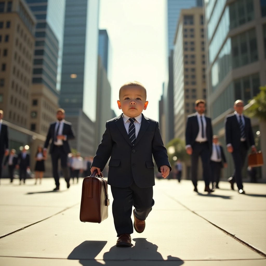 A full-length cinematic shot showcases a chubby 1-year-old baby boy confidently walking through a bustling metropolitan office district. The baby is dressed in a tailored suit, complete with a tie, and hilariously carries an oversized leather briefcase that looks comically large in his tiny hand. He strides forward with a determined demeanor, while towering skyscrapers and busy office workers create a dynamic urban scene in the background. Bright sunlight reflects off the glass facades of the buildings, casting long shadows on the pavement. The camera angle is low, emphasizing the baby’s impressive presence, with polished shoes clicking on the sidewalk. The mood blends humor and admiration, capturing the essence of a 