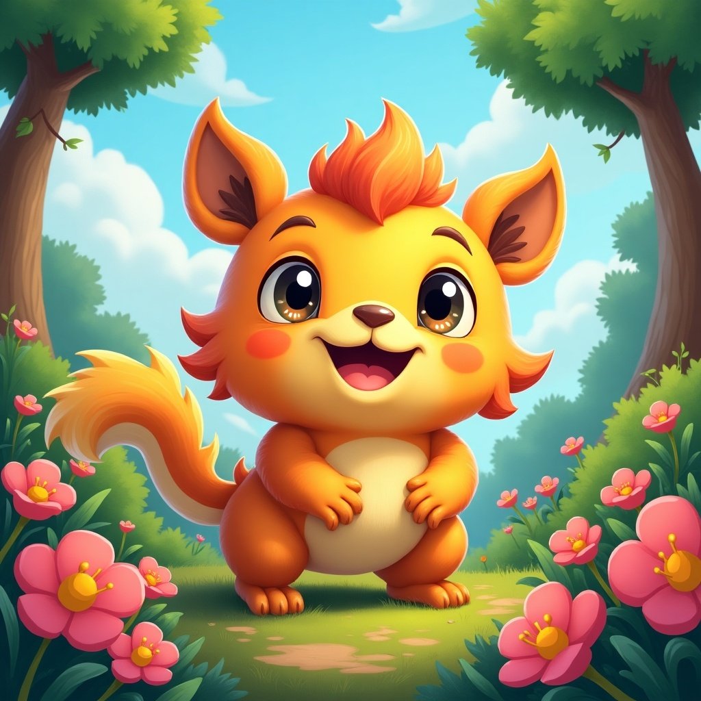 The image depicts a cute, cartoon-style animal character named Kobi. Kobi has bright orange fur and a joyful expression, standing in a sunny forest surrounded by colorful flowers. The character's features are soft and animated, making it appealing to children. The background is a lush green with a clear blue sky and fluffy white clouds, creating a cheerful atmosphere. This illustration can be used for children's books, toys, or digital content.