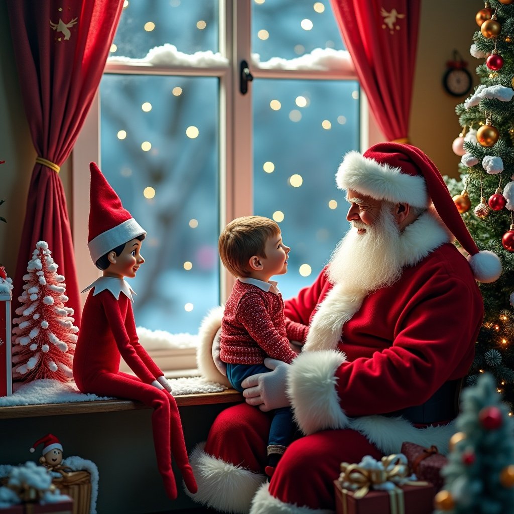 This image captures a traditional Christmas scene at the North Pole. A cheerful Santa Claus is joyfully interacting with two children while an elf on the shelf sits nearby. The window shows a snowy backdrop with colorful trees. The room is decorated with Christmas lights and gifts, creating a warm and festive atmosphere. The joy of the holiday season is palpable, showcasing the magic of Christmas traditions.