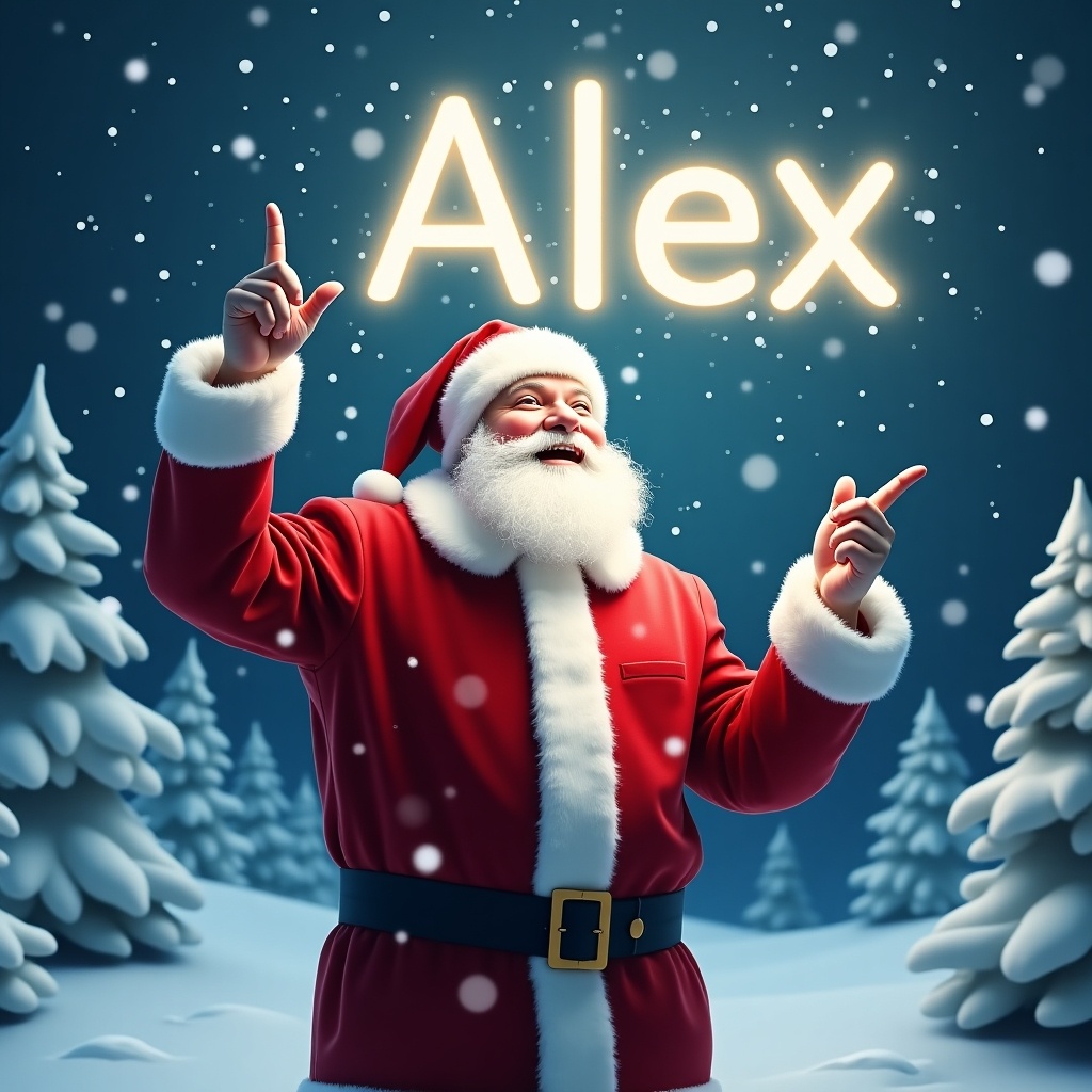 The image depicts a joyful Santa Claus standing in a winter wonderland. He is dressed in his traditional red suit with white trim and a matching hat. Santa is pointing upward as if he is magically writing a name in the sky. Snowflakes gently fall around him, adding to the festive atmosphere. In the sky, the name 'Alex' is written in bright, glowing letters. The background features snowy trees, enhancing the Christmas scene.