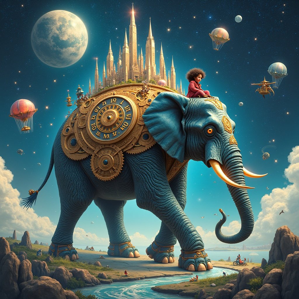 A fantastical scene of a blue elephant adorned with golden clock gears and a city on its back under a starry sky.