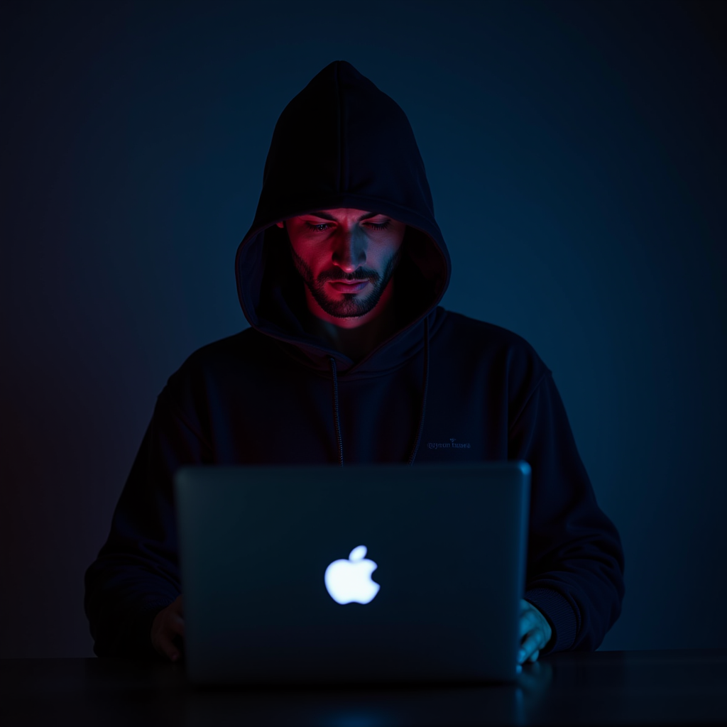 A person wearing a hooded sweatshirt works intently on a glowing laptop in a dimly lit room, creating a mysterious and intense atmosphere.