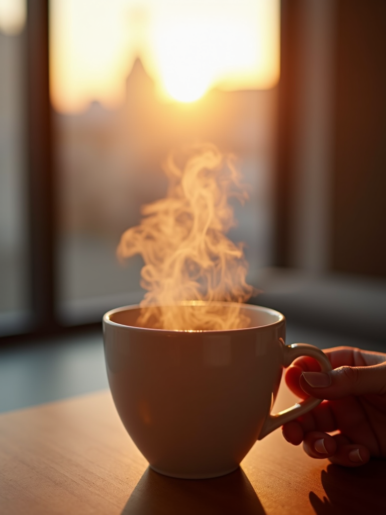 A steaming cup of coffee is held by a hand against the warm glow of sunrise through a window.