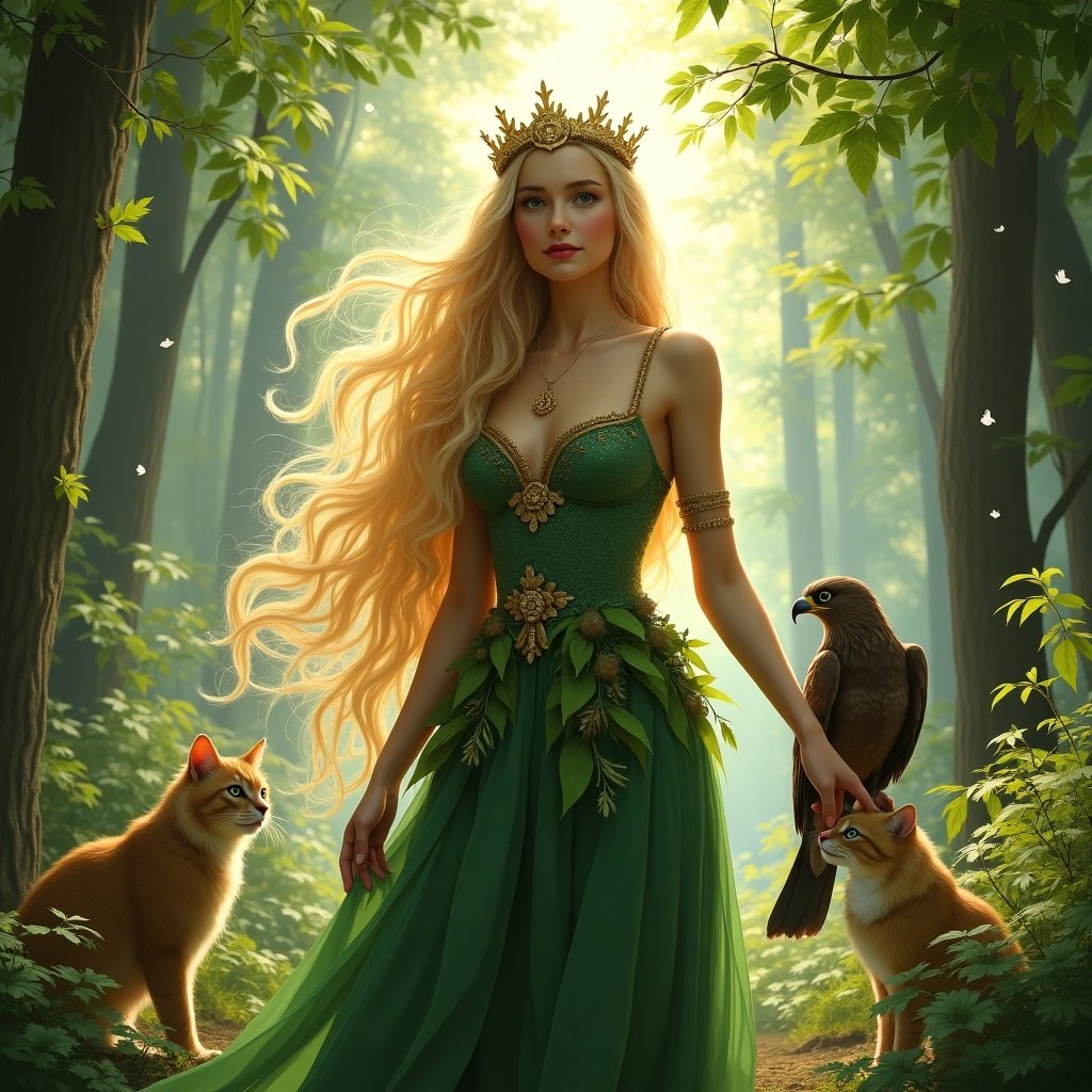 This image depicts Freya, the Norse goddess, standing gracefully in a mystical forest. She is adorned in a flowing green gown that blends harmoniously with the surrounding foliage. Freya has long, flowing hair, and a crown of leaves. Beside her are two attentive cats and a majestic hawk perched on her hand, symbolizing her connection to nature. The light filters softly through the trees, creating a magical atmosphere that enhances her mythical presence.